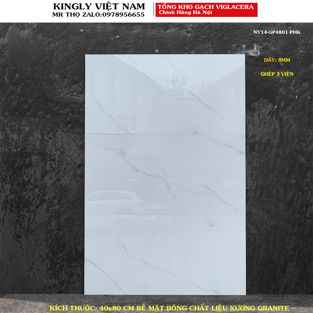 Gạch ốp tường trắng vân khói Viglacera 40x80 NY14-GP4801 Loại 1